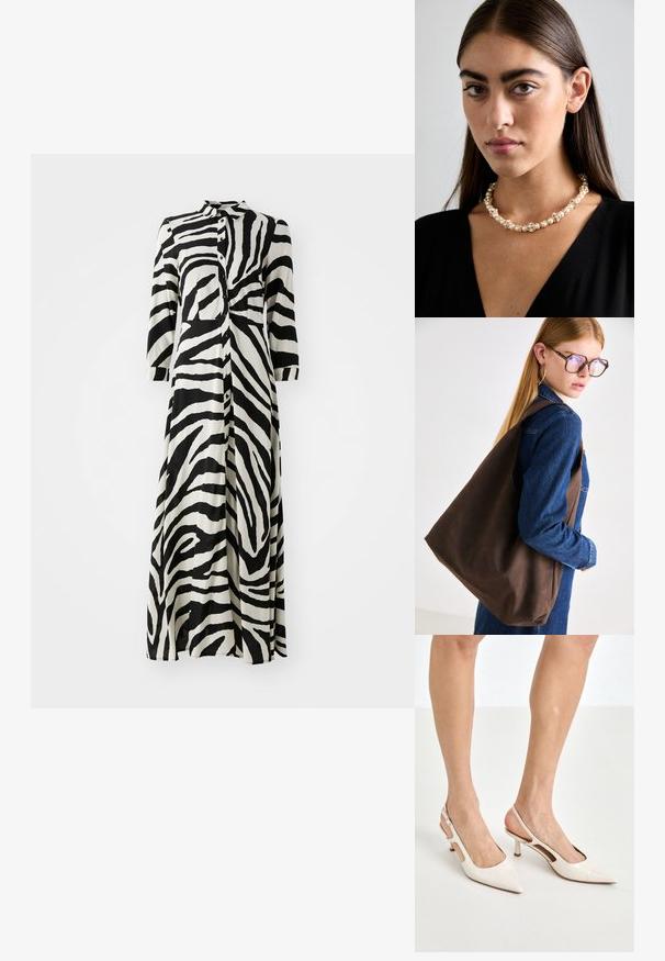 Long button-up dress in black and white zebra print, featuring 3/4 sleeves, a collar, and a straight cut design. Made of lightweight fabric.; Beige patent leather slingback heels with a pointed toe and 5 cm heel, featuring cut-out sides and a thin ankle strap.; Brown leather tote bag with a soft texture, featuring a spacious design and a single strap. Worn with a blue denim jacket.; Pearl and crystal necklace with a round, beaded design in pale hues, featuring alternating pearls and sparkling accents, worn around the neck.