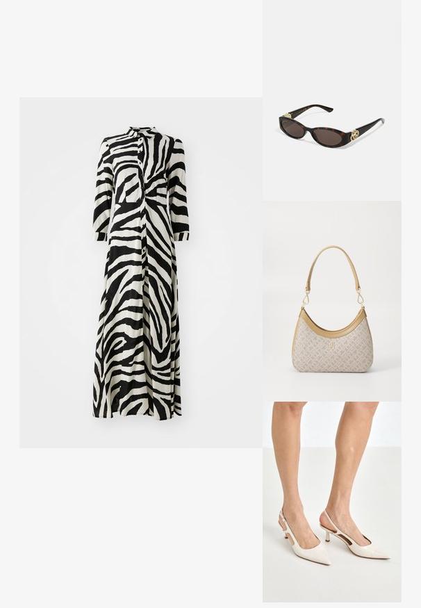 Lange knop-up jurk in zwart-wit zebra print, met 3/4 mouwen, een kraag en een rechte snit. Gemaakt van lichtgewicht stof.; Beige gepatineerde leren slingback hakken met een spitze neus en een hak van 5 cm, met uitsparingen aan de zijkanten en een dunne enkelband.; Schildpadbril met langwerpige ovale lenzen, bruine tint, gouden logo-accenten op de pootjes en slanke zwarte armen.; Beige handtas met een patroon en een gebogen vorm, leren accenten en een goudkleurig logo aan de voorkant. Beschikt over een kort handvat voor gemakkelijk dragen.; Parel- en kristallen ketting met een ronde, gehaakte ontwerp in lichte tinten, met afwisselend parels en sprankelende accenten, gedragen om de hals.