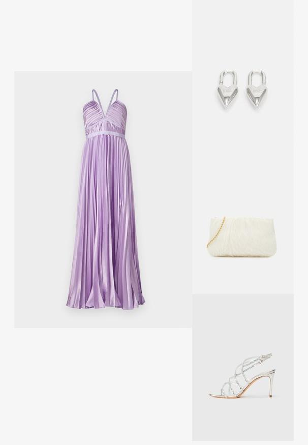 Rochie lila plisată cu decolteu adânc în V, bretele subțiri și talie ajustată. Materialul are o textură netedă, asemănătoare satinului.; Sandale cu toc înalt de metalic argintiu, cu bretele încrucișate, accente transparente și un design elegant cu vârf ascuțit. Cataramă ajustabilă la gleznă.; Geantă de mână albă texturată, cu un design strâns, având o curea de lanț aurie. Finisaj neted cu valuri subtile și margini rotunjite.; Lacate în formă de inimă, argintii, cu inscripții gravate "DA" și "NU", finisaj lustruit, design simetric și un închizător robust din metal.