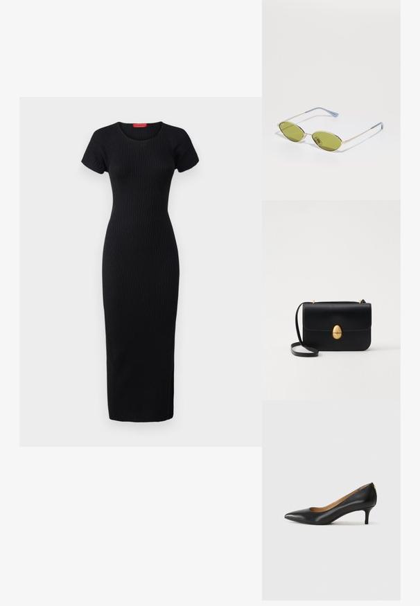 MAX&Co. TERUEL - Pārliekama kleita - black; Melnas ādas augstpapēžu kurpes ar pīlādžu purngalu, zemu papēdi un gludu virsmu. Raksturīga neliela atvere priekšā un minimāls aprīkojums aizmugurē.; Olīvu zaļi saulesbrilles ar plānu zelta rāmi un zila akcenta kājām. Ovali lēcas un minimālisma dizains.; Melnas ādas rokassomu ar strukturētu taisnstūra formu. Iespējas zelta ovāla slēdzis un plāns plecu siksna. Gluda tekstūra.