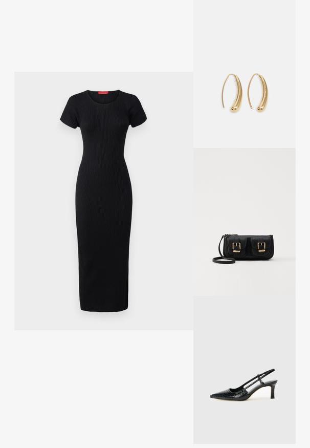 MAX&Co. TERUEL - Šaty do práce - black; Čierne patentové slingback topánky na ihlovom podpätku s špicatou špičkou, s textúrovaným hadím vzorom, nastaviteľným popruhom a krátkym, textúrovaným blokovým podpätkom.; Čierna kožená crossbody taška s dvoma prednými vreckami, zlatými sponami, zipsovým uzatváraním a úzkym popruhom. Štruktúrovaný povrch a kompaktný obdĺžnikový tvar.; Náušnice vo forme zlatých kovových kruhov s zakriveným, predĺženým tvarom. Majú hladký, lesklý povrch a zaoblený koniec pre pridanie detailu.