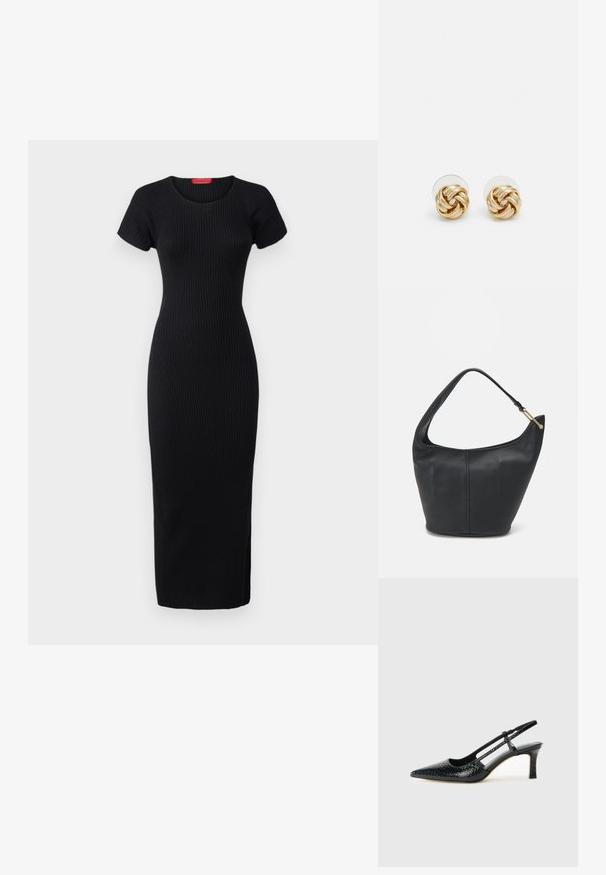 MAX&Co. TERUEL - Etuikjole - black; Sorte patent slingback hæl med spids tå, prydet med tekstureret slangeskindsmønster, justerbar rem og en kort, tekstureret blokhæl.; Sort læderhandtaske med en rund form, bred rem og textured finish. Har en subtil sømdetalje og en hardware i gyldent tone.; Guldtonede knude-stud øreringe med et vredet design. Hver ørering har en cirkulær klar bagside for sikker brug.