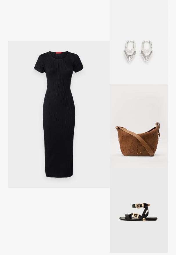 MAX&Co. TERUEL - Laisvo kirpimo suknelė - black; Juodos odinės šlepetės su auksiniais sagtelėmis, turinčios daugybę dirželių ir plokščią padą, skirtos atviriems pirštams.; Ruda suedes pečių rankinė su išsiuvinėtu gėlės dizainu, papildyta lygiu ruduo odos diržu ir auksinės spalvos detalėmis.; Sidabrinės širdelės formos užraktai su išgraviruotais žodžiais "TAIP" ir "NE", poliruotas paviršius, simetriškas dizainas ir tvirtas metalinis užraktas.