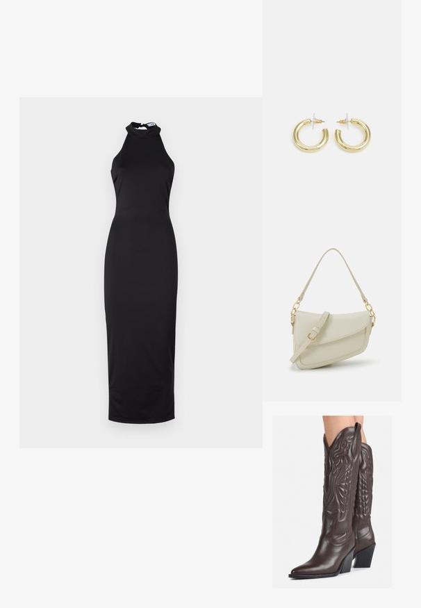 Schwarzes Neckholderkleid, figurbetonter Schnitt, glattes Material, knielang mit hohem Ausschnitt, ausgestattet mit einer dezenten Rückenöffnung.; Braune Leder-Cowboy-Stiefel mit spitzem Punkt und Blockabsatz, die über detaillierte Stickereien und hervorgehobene Akzente am Schaft verfügen.; Kleine cremefarbene Handtasche mit strukturiertem Finish, einem langen verstellbaren Tragegurt, einem Kettenakzent und einem Klappenverschluss. Goldene Hardware-Details.; Goldene Creolen mit einer glatten, glänzenden Oberfläche. Zirkuläres Design mit einem kleinen Stecker und einer klaren Rückseite für einen sicheren Sitz.