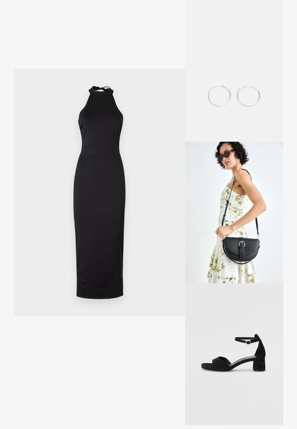Juoda halter-neck suknele, prigludusi siluetas, lygus audinys, iki kelių ilgio su aukštu kaklu, featuring subtilia atvira nugara.; Juodos aksominės basutės su plona kulkšnies juosta, atvira pirštų dalimi ir nedideliu blokuotų kulniukų. Lygus paviršius ir minimalūs akcentai.; Juodas odinis krepšys su išlenkta forma, nuimamu dirželiu ir auksiniais detalėmis. Krepšys turi kilpą su sagtimi.; Sidabrinės auskarai žiedai su sėslia, apvalia forma, pasižymintys lygia paviršiumi ir be matomų puošmenų. Svoris nenurodytas.