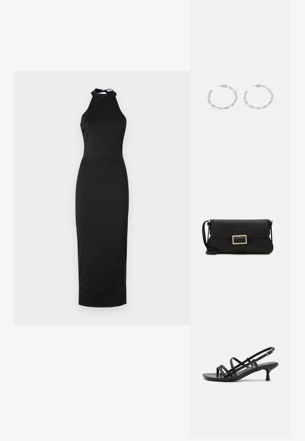 Robe noire à col halter, silhouette cintrée, tissu lisse, longueur genou avec un col haut, présentant une ouverture subtile à l'arrière.; Sandales à talons noirs avec plusieurs brides entrecroisées. Matériau lisse, bout pointu et talon étroit. Bride de cheville ajustable avec boucle.; Pochette en cuir noir avec un rabat et un détail en boucle en métal doré. Inclut une sangle noire et un design épuré et minimaliste.; Boucles d'oreilles en argent en forme de créoles avec un design torsadé, dotées d'une finition polie et d'une fermeture à poussoir. Mesurent environ 3 cm de diamètre.