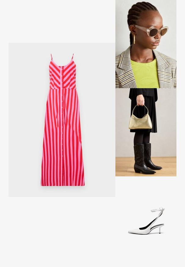 Vestido maxi riscado com alças finas, apresentando riscas verticais vermelhas e rosas, um fecho frontal com botões e um design de corpete ajustado.; Sapatos de salto alto brancos com biqueira fina e tiras de calcanhar. Material de couro liso, salto agulha fino e forro interior preto.; Óculos de sol estilo cat-eye claros com lentes castanhas e armação transparente. Modelo a usar uma blusa verde com nervuras e um blazer de tecido xadrez. Brincos em forma de argola dourados.; Bolsa de mão texturizada em dourado com uma forma curva e alça curta, segurada por uma pessoa que usa uma saia plissada preta e botas de cowboy pretas em couro.
