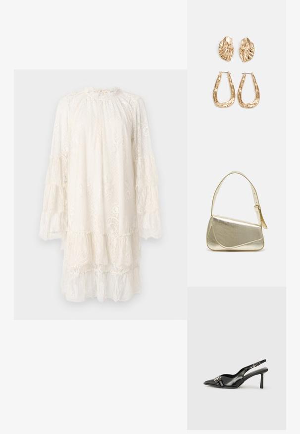 Juodas nėriniuotas suknelė off-white spalvos, su aukštu apykakle, ilgomis volanginėmis rankovėmis ir sluoksniuota konstrukcija, puošta subtiliais gėlių raštais ir tekstūruotu audiniu.; Juodas lakuotas odinis batelis su smailiu pirštu, kulkšnies dirželiais su sidabrinėmis sagtimis ir detalėmis, bei plonu kulnu.; Aukso metalinės rankinės su struktūrizuotu dizainu, lygaus paviršiaus ir reguliuojama dirželiu. Pasižymi unikaliu trikampiu pavidalu ir minimalizmu siuvinėjime.; Auksinės auskarai, turintys tekstūruotus, bangų formos elementus. Įeina skulptūriniai segami auskarai ir atviri lankai su išmuštu paviršiumi.