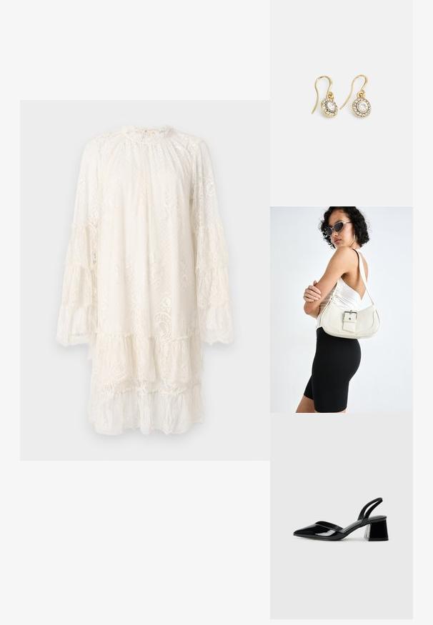 Čipkované šaty v odtieňoch off-white s vysokým výstrihom, dlhými volánovými rukávmi a vrstveným dizajnom s jemnými kvetinovými vzormi a textúrovanou tkaninou.; Čierne lakované kožené sandálové podpätky s špicatou špičkou a geometrickým blokovým podpätkom. Disponujú elegantným, minimalistickým dizajnom a hladkým povrchom.; Biely kožený kabelka s zakriveným tvarom, nastaviteľným popruhom a malým detailom pracky. Model nosí priliehavý čierny outfit.; Náušnice zlatého odtieňa s oválnymi čírymi kryštáli obklopenými menšími čírými kameňmi, s háčikovým dizajnom pre bezpečné nosenie.