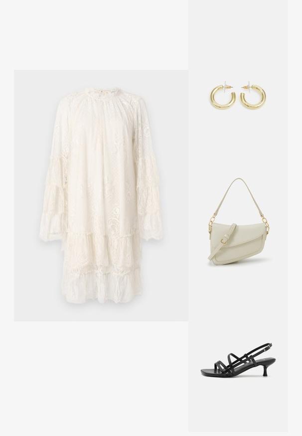 Mežģīņu kleita smalki baltā krāsā, ar augstu kakla izgriezumu, garām svārku piedurknēm un pakāpenisku dizainu ar maigiem ziedu motīviem un teksturētu audumu.; Melni papēžu sandales ar vairākiem krustveida siksnām. Gluda materiāla, norādīta purngala un šaura papēža. Regulējama potītes siksna ar sprādzīti.; Maza krēmkrāsas rokas soma ar teksturētu apdari, garu regulējamu siksniņu, ķēdes akcentu un vāciņa aizdari. Zelta aparatūras detaļas.; Zelta auskari ar gludu, spīdīgu apdari. Apaļš dizains, kas ietver mazu tapu un caurspīdīgu pamatni drošai valkāšanai.