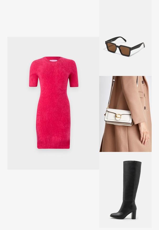 Enganliegendes kurzärmliges Kleid in leuchtendem Pink, aus einem gerippten Strickstoff mit weicher Textur. Es hat einen runden Ausschnitt.; Schwarze kniehohe Stiefel aus glattem Leder, mit einem stabilen Absatz und runder Zehenpartie. Minimalistisches Design ohne sichtbare Hardware oder Dekorationen.; Schwarze quadratische Sonnenbrillen mit braunen Gläsern, mattem Finish und goldenen Akzenten im Rahmen. Das Design ist kantig mit breiten Bügeln.; Weiße Leder-Crossbody-Tasche mit einem goldenen Verschluss, zeichnet sich durch ein strukturiertes Design, kontrastierende Kanten und einen dünnen verstellbaren Trageriemen aus.