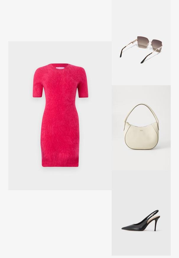 Robe courte ajustée à manches courtes de couleur rose vif, fabriquée en tissu tricoté côtelé avec une texture douce. Présente un col rond.; Escarpin à talon haut en cuir noir avec un bout pointu, une texture lisse et une délicate bride avec une boucle métallique.; Lunettes de soleil avec une monture métallique rose doré, verres angulaires dégradés du brun foncé au brun clair, et motif écaille sur les branches.; Sac à main couleur crème avec une finition texturée, forme courbée, anses courtes et détail de logo doré. Fermeture éclair sur le dessus.