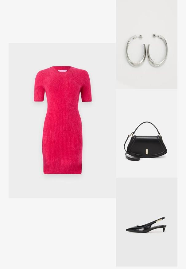 Abito aderente a maniche corte di un vivace color rosa, realizzato in un tessuto a maglia rigata con una consistenza morbida. Presenta un collo rotondo.; Tacchi slingback in pelle nera con punta affusolata, caratterizzati da un tacco alto e un accento dorato sulla cinghia regolabile. Texture liscia.; Borsa a mano in pelle nera con un design strutturato, caratterizzata da una forma corta, manico superiore e accessori in metallo dorato. Inclusa tracolla regolabile.; Orecchini a cerchio argentati con un design liscio e curvo. Presentano una finitura metallica lucida e una chiusura a perno. Nessun motivo o accentuazione visibile.