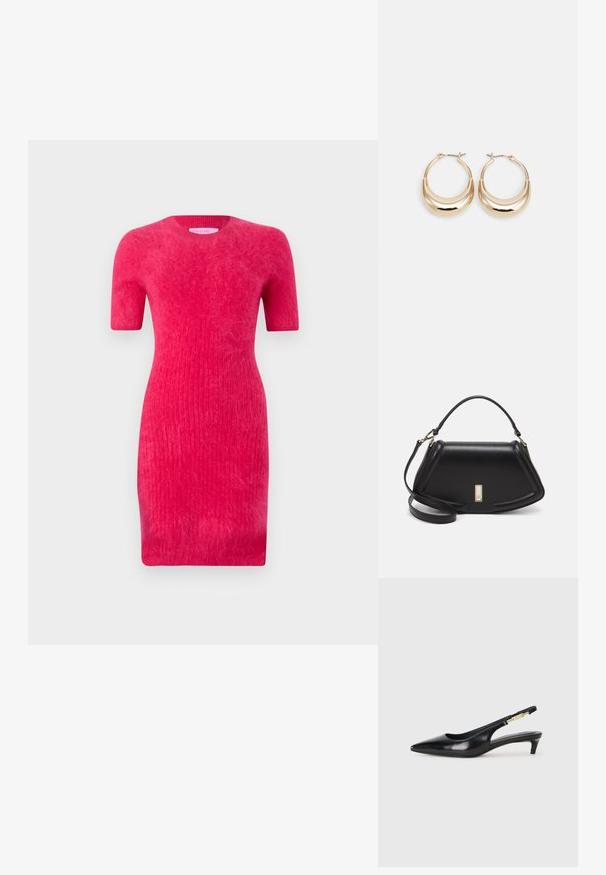 Aansluitende jurk met korte mouwen in felroze, gemaakt van een geribde brei-stof met een zachte textuur. Heeft een ronde halslijn.; Zwarte leren slingback hakken met een spitse neus, voorzien van een slanke hak en een goudkleurige accent op de verstelbare band. Gladde textuur.; Zwarte leren handtas met een gestructureerd ontwerp, featuring een verkorte vorm, bovenhandvat en gouden hardwareaccent. Inclusief verstelbare schouderband.; Gouden hoepel oorbellen met een halve maan vorm, gepolijste oppervlakte en scharnier sluiting. De gladde textuur en weerspiegelende afwerking vergroten de zichtbaarheid.