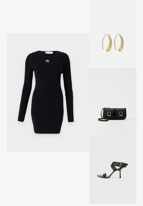 Vestido preto de malha com gola redonda e mangas longas. Apresenta um destaque circular prateado no peito. Textura suave e forma ajustada.; Sandal preto de salto alto com tiras cruzadas e fivela ajustável. Apresenta uma textura suave e um salto agulha afilado.; Bolsa de ombro em couro preto com dois bolsos frontais, fivelas douradas, fecho de zíper e uma alça fina. Superfície texturizada e forma retangular compacta.; Brincos em metal dourado com forma de arco alongado e curvado. Apresentam uma superfície lisa e brilhante, com uma ponta arredondada para um detalhe adicional.