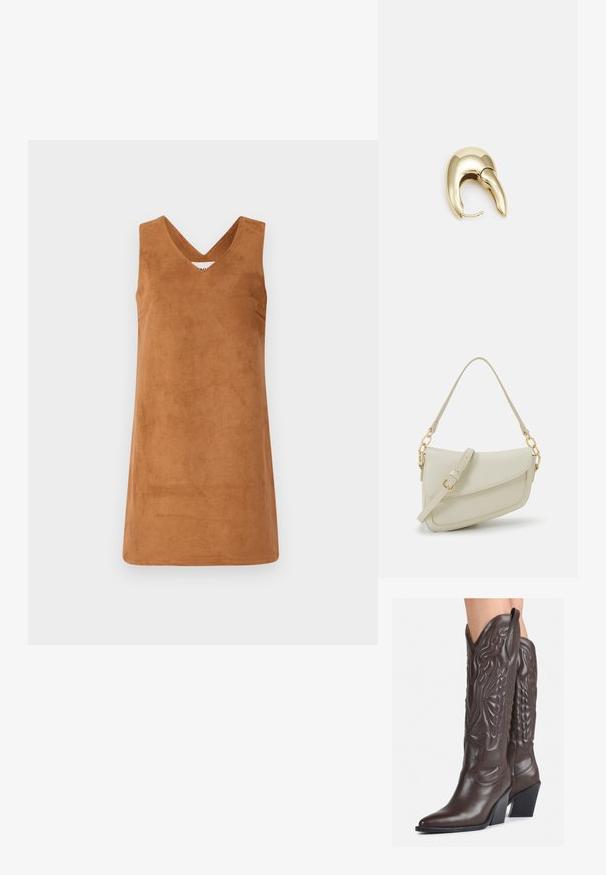 Hnedé šatové šaty bez rukávov vyrobené z materiálu podobného semišu s výstrihom do V, ktoré majú hladkú textúru a čisté línie. Žiadne ďalšie detaily.; Hnedé kožené kovbojské topánky s špicatou špičkou a blokovým podrážkou, so zložitým prešívaním a vyvýšenými akcentmi na puzdre.; Malá krémová kabelka s textúrovaným povrchom, dlhým nastaviteľným popruhom, reťazovým detailom a klopovým uzáverom. Zlaté kovové prvky.; Náušnice z kovu v zlatej farbe s elegantným, zakriveným dizajnom. Majú charakteristický špicatý tvar, leštený povrch a uzáver na pánt.