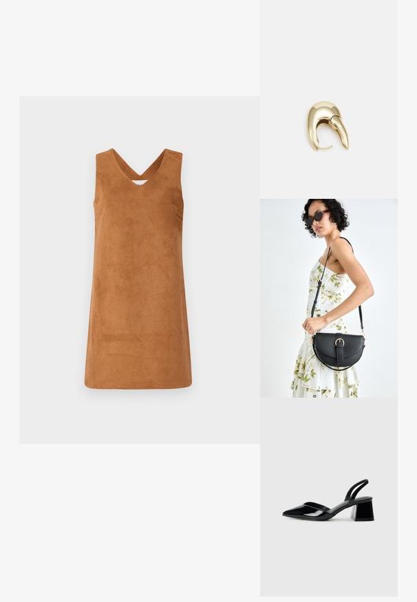 Brown sleeveless dress made of suede-like material with a V-neck design, featuring a smooth texture and clean lines. No additional details.; Black patent leather slingback heels with a pointed toe and a geometric block heel. Features a sleek, minimal design and smooth texture.; Black leather handbag with a curved shape, detachable strap, and gold hardware. The bag features a flap with a buckle detail.; Gold-tone metal earring with a sleek, curved design. Features a distinctive pointed shape, polished surface, and hinge closure.