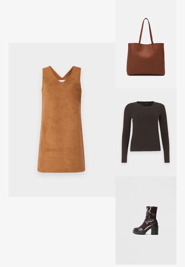 Smeđa haljina bez rukava napravljena od materijala koji nalikuje suedesu s V-izrezom, koja se odlikuje glatkom teksturom i čistim linijama. Nema dodatnih detalja.; Smeđa, dugokraga, rebrasta majica s dugim rukavima. Izrađena od glatkog, rastezljivog materijala, s prikladnim krojem bez mnogo detalja.; Sjajna burgundska čizma do gležnja s debelim crnim potplatom, koja se odlikuje glatkom teksturom i jednostavnim dizajnom. Nema vidljivih kopčanja ili uzoraka.; Smeđa kožna torba preko ramena s glatkom teksturom, otvorenim vrhom i dvjema naramenicama. Ima minimalne šavove i nema vidljivog hardvera.
