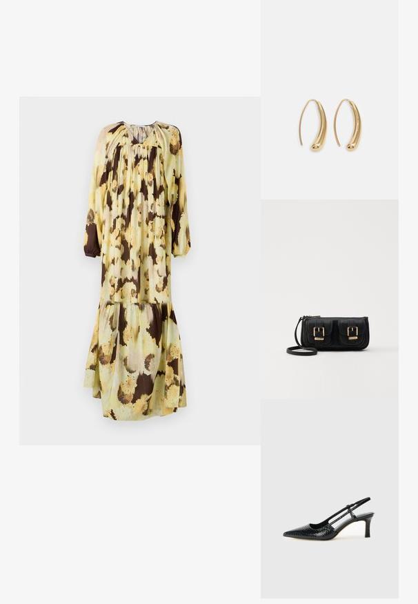 Vestido longo estampado de flores em amarelo e castanho. Feito de tecido leve com um corte descontraído, apresentando mangas longas e um design em camadas.; Salto slingback em patente preta com bico apontado, apresentando um padrão de pele de cobra texturizado, tira ajustável e um salto bloco curto e texturizado.; Bolsa de ombro em couro preto com dois bolsos frontais, fivelas douradas, fecho de zíper e uma alça fina. Superfície texturizada e forma retangular compacta.; Brincos em metal dourado com forma de arco alongado e curvado. Apresentam uma superfície lisa e brilhante, com uma ponta arredondada para um detalhe adicional.