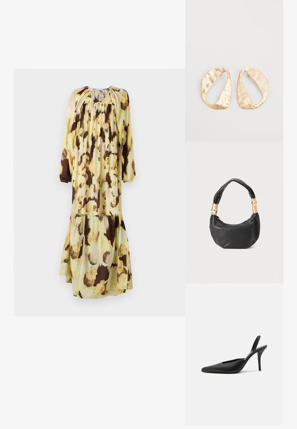 Virágprintelt hosszú ruha sárgában és barnában. Könnyű anyagból készült, laza fazonnal, hosszú ujjakkal és réteges kialakítással.; Fekete pántos magassarkú cipők, hegyes orral, sima bőrből készült anyaggal és letisztult, minimalista dizájnnal. Magas tűs sarok.; Fekete bőr kézitáska kerek formával, puha textúrával és csomózott fogantyúval, aranyszínű fém díszítéssel. Cipzáras záródás.; Egy pár szabálytalan, ovális formájú, aranyszínű fém fülbevaló, enyhén kalapált felülettel, fehér háttéren.