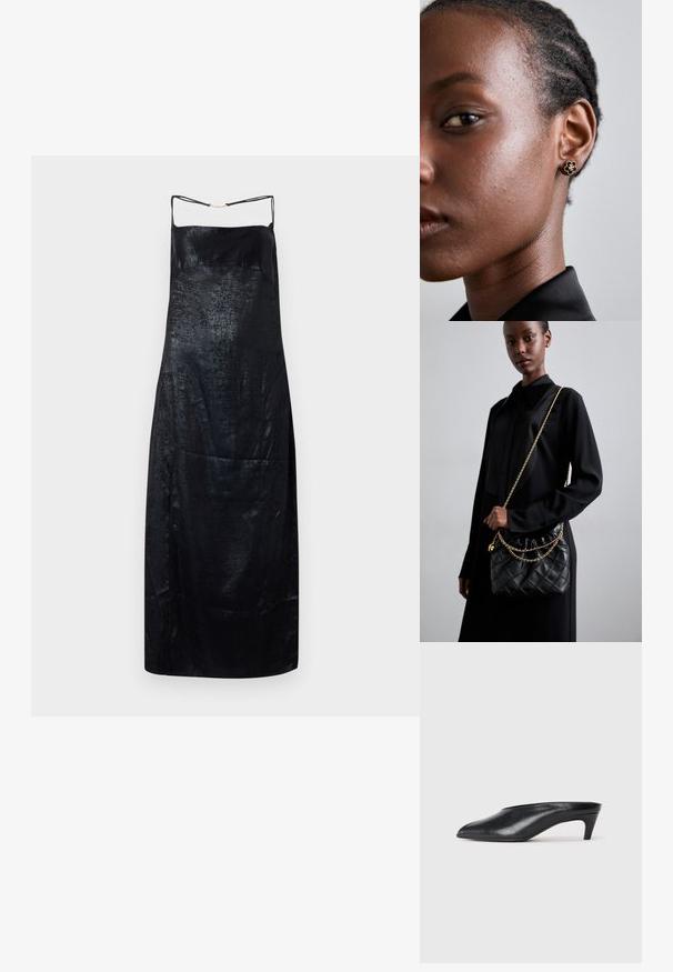 Svart spetklänning i satin med en slät textur, med tunna band och en subtil lyster. Enkel, rak silhuett med minimala detaljer.; Svarta lädermules med spetsig tå, låg klack och slät yta. Minimalistisk design utan synlig hårdvara eller mönster.; Svart vadderad läderhandväska med en samlad topp, guldkedjeslinga och rektangulär form, hålls mot en enkel bakgrund.; Guldblommig studsmycke har en texturerad svart mitt och delikat utsmyckning. Modellen har klart skinn och flätat hår, synligt i profil.