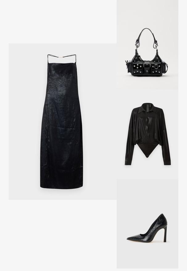 Crna slip haljina od satena s glatkom teksturom, s tankim naramenicama i suptilnim sjajem. Jednostavna, ravna silueta s minimalnim detaljima.; Crni bodi s dugim rukavima, V-izrezom i prilagođenim siluetom. Izrađen od sjajnog, glatkog materijala s strukturiranim ovratnikom i manžetama.; Crne visoke potpetice s oštrim prstima, od teksture krokodilske kože, elegantnog dizajna, visoke stiletto potpetice i glatkog crnog unutrašnjosti.; Crna kožna torba s zakrivljenim dizajnom, koja sadrži srebrne zakovice, kopču i dva bočna džepa. Podesiva traka za različite opcije nošenja.
