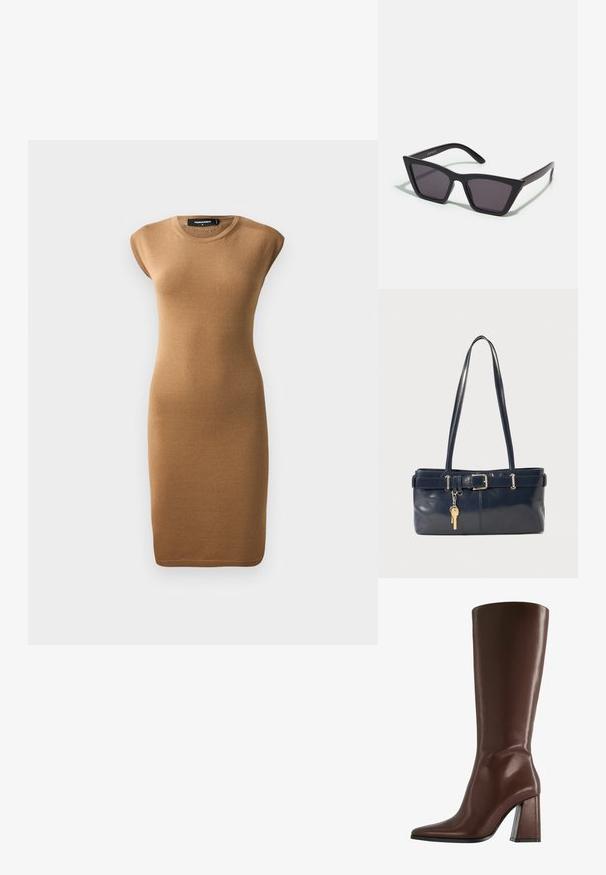 Robe bodycon en maille de couleur marron clair, avec des manches courtes et un col rond. Texture lisse avec une silhouette ajustée, atteignant le milieu du mollet.; Botte en cuir marron montant jusqu'au genou, avec un bout pointu et un talon épais et transparent. Texture lisse avec un minimum de détails.; Lunettes noires angulaires avec des verres gris ; fabriquées en plastique, avec des branches épaisses à la surface lisse et sans matériel visible.; Sac à main en cuir bleu marine avec deux longues poignées, un détail de boucle et un porte-clés accroché. Il présente une texture lisse et une forme rectangulaire.