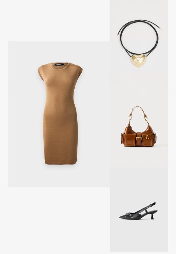 Robe bodycon en maille de couleur marron clair, avec des manches courtes et un col rond. Texture lisse avec une silhouette ajustée, atteignant le milieu du mollet.; Chaussure slingback en cuir noir avec un bout pointu, des sangles décoratives avec œillets en métal et un petit talon carré. Surface texturée.; Sac à main en cuir marron avec une forme courbée, deux ferrures en or, deux poches avant et une large bandoulière. Texture lisse avec une finition élégante.; Collier en cordon tressé noir avec un pendentif en forme de cœur en or poli, aux courbes douces et à la finition brillante.