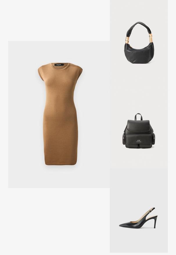Gebreide bodycon jurk in lichtbruin, met korte mouwen en een ronde hals. Gladde textuur met een aansluitende silhout, tot halverwege de kuit.; Zwarte leren slingback-hakken met een spitse neus, verstelbare band en een elegante stiletto-hak, met een gladde afwerking.; Zwarte leren rugzak met een klepsluiting, voorvak, zijvak met ritssluitingen en een handvat aan de bovenkant. Met logo-details aan de voorkant.; Zwarte leren handtas met een ronde vorm, zachte textuur en een geknoopt handvat met gouden hardware accenten. Met rits sluiting.