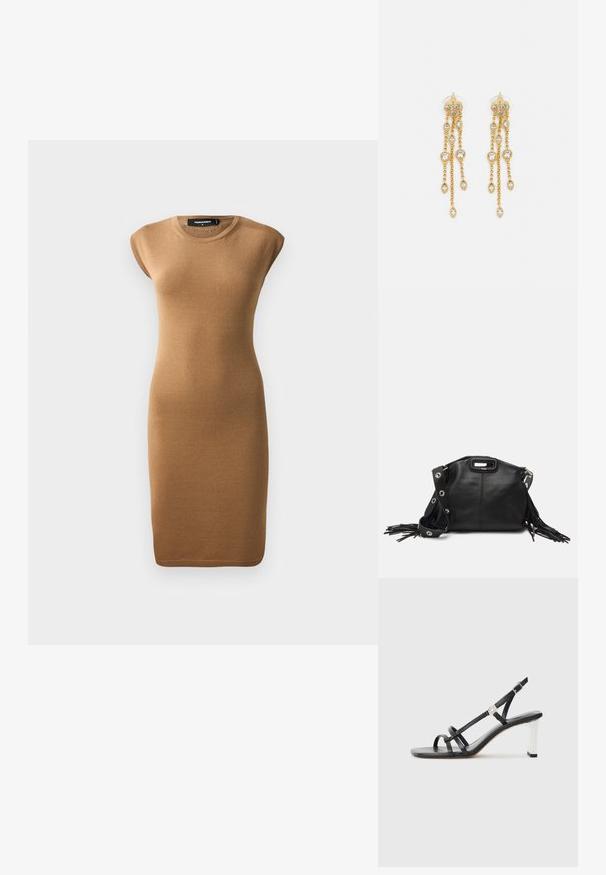 Pletené bodycon šaty svetlohnedej farby, s krátkymi rukávmi a okrúhlym výstrihom. Hladká textúra s priliehavým strihom, siahajúce po polovicu lýtok.; Čierne sandále na vysokom opätku s viacerými úzkymi popruhmi, dizajnom so slingbackom a so strieborným akcentom na opätku. Hladký vrchný materiál a štvorcový opätok.; Maje MISS MINI - Taška cez plece - noir; Zlaté náušnice s mnohými kaskádovými reťazcami, ozdobené jasnými oválnymi kryštálmi a dekoratívnymi puzdrami.