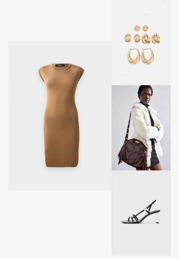 Pletené bodycon šaty svetlohnedej farby, s krátkymi rukávmi a okrúhlym výstrihom. Hladká textúra s priliehavým strihom, siahajúce po polovicu lýtok.; Čierne sandále na vysokom opätku s viacerými úzkymi popruhmi, dizajnom so slingbackom a so strieborným akcentom na opätku. Hladký vrchný materiál a štvorcový opätok.; Hnedá kožená kabelka s textúrovaným povrchom, skladanými okrajmi a bočnými strapcami; obsahuje odnímateľný ramenný popruh s kovovými detailmi.; Sada náušníc v zlatej farbe, ktorá obsahuje tri páry: textúrované oválne naušnice, naušnice so zvlneným dizajnom a veľké kruhové náušnice s vrstvenými drážkami.