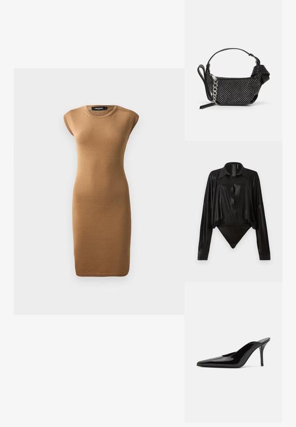 Gebreide bodycon jurk in lichtbruin, met korte mouwen en een ronde hals. Gladde textuur met een aansluitende silhout, tot halverwege de kuit.; Zwarte body met lange mouwen, V-hals en een aansluitende silhouet. Gemaakt van glanzende, gladde stof met een gestructureerde kraag en manchetten.; Zwarte gepatineerde leren hoge hak muiltjes met een spitse neus en een slanke silhouet, met een open achterkant en een slanke stilettohak.; Zwarte handtas met studded embellishments, een kettingriem en een soepel leren handvat, met een afgeronde vorm en een ritscompartiment.