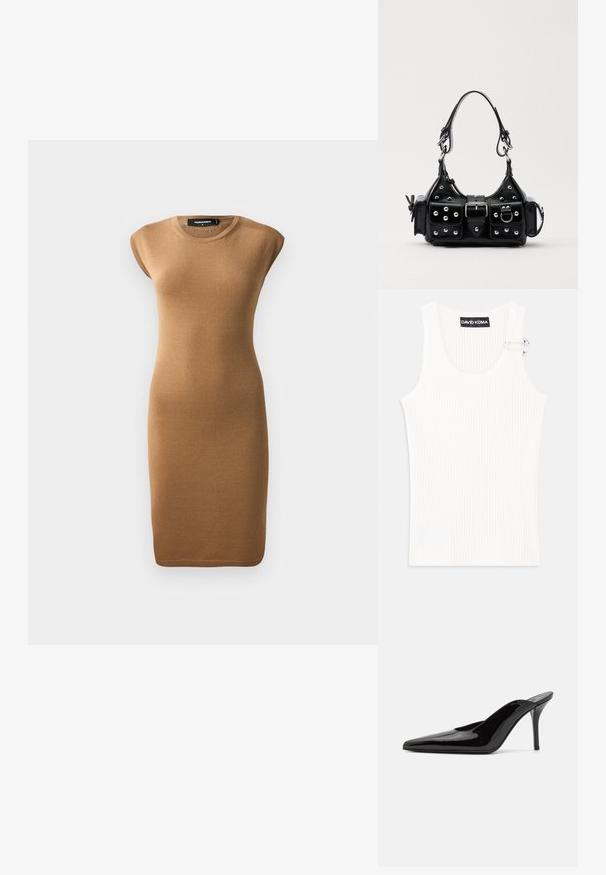 Knit bodycon dress in light brown, featuring short sleeves and a round neckline. Smooth texture with a fitted silhouette, reaching mid-calf.; White ribbed tank top with a round neckline and a metal accent detail on the shoulder. Soft texture, fitted design, and sleeveless style.; Black patent leather high-heeled mule with a pointed toe and a sleek silhouette, featuring an open back and a slender stiletto heel.; Black leather handbag with a curved design, featuring silver studs, a buckle, and two side pockets. Adjustable strap for carrying options.