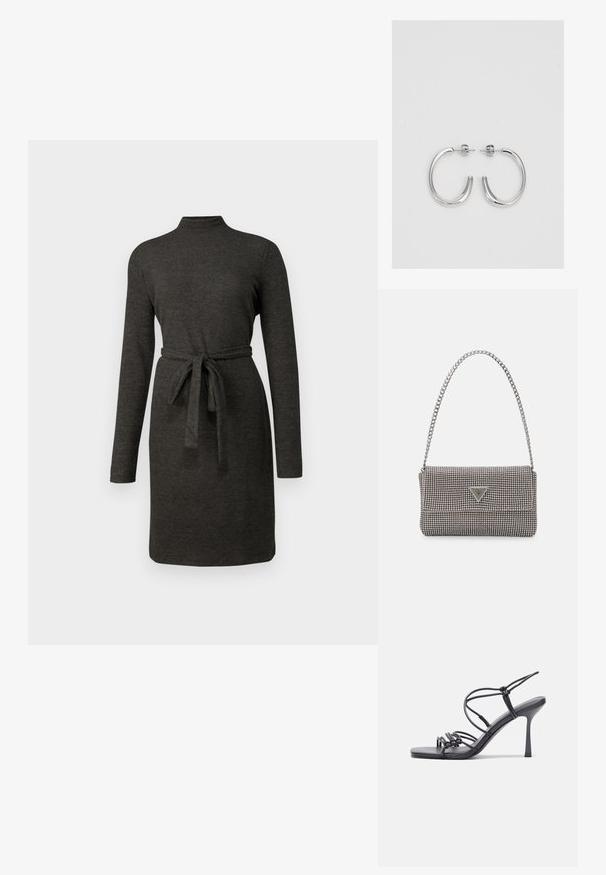 Vestido cinza carvão de manga longa com um decote alto e um cinto amarrado na cintura. Textura suave, design até aos joelhos e estilo minimalista.; As sandálias de salto alto pretas apresentam tiras finas com um design em nó, uma biqueira quadrada lisa e um elegante salto agulha.; Bolsa metálica cinza claro com uma alça de corrente, adornada com pequenos rebites metálicos circulares e um logótipo triangular da marca.; Brincos de argola prateados com um acabamento suave e brilhante. Forma arredondada, design leve, com fecho de pino.
