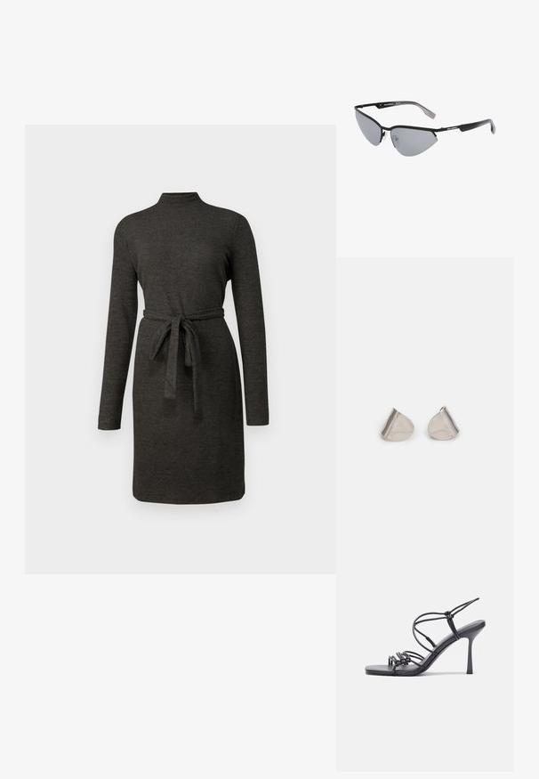 Anglies pilkos spalvos ilgos rankovės suknelė su aukštu kaklu ir surišamu juosmens diržu. Lygus paviršius, iki kelių siekianti forma ir minimalizmo stilius.; Juodos aukštakulnės sandalai pasižymi plonyčiais dirželiais su mazgo dizainu, lygiu kvadratiniu pirštu ir elegantišku stiletto kulnu.; Juodos saulės akiniai su kampuota katės akių forma. Sidabriniai veidrodiniai lęšiai. Ploni, lengvi plastikiniai rėmeliai su subtiliu ženklinimu ant šventyklų.; Sidabriniai metaliniai auskarai su lygiu, ašaros formos dizainu ir blizgiu paviršiumi. Subtilūs raižiniai prideda detalumo. Minimalistinis dizainas.