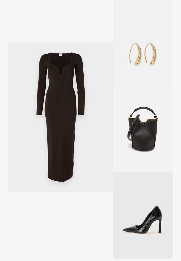 Abito lavorato a maglia a maniche lunghe, con scollo a V profondo, di colore marrone scuro. Presenta una forma aderente con dettagli di cucitura verticale e un design lungo fino al pavimento.; Scarpa nera con punta a punta alta in pelle di coccodrillo, caratterizzata da un design elegante, alto tacco a spillo e interno nero liscio.; Borsa a secchiello in pelle nera con finitura testurizzata, dettagli in metallo dorato e apertura superiore. Presenta una maniglia corta e una tracolla regolabile.; Orecchini a cerchio in metallo color oro con forma curva ed allungata. Presentano una superficie liscia e lucida e una punta arrotondata per un tocco di dettaglio in più.