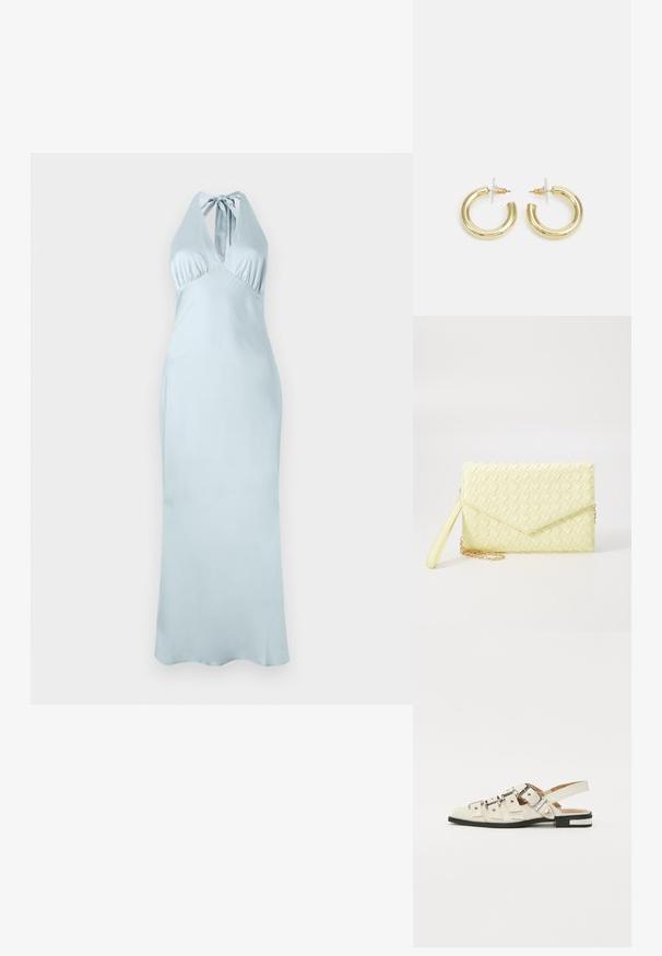Hele sinise kaelusegase kleit, millel on istuv bodice, volditud detailid ja pikk, voolav siluett sujuvast kangast. Pole nähtavaid mustreid ega aktsente.; Valged nahast slingback-sandaalid, millel on mitmeid laiad rihmad ja hõbedased pandlad; tasane tald väikese musta kanna ja metalliliste detailidega.; Kollane kudumine käekott, millel on klapp disain, eemaldatav randme rihm ja kuldne ahelakaunistus. Sile tekstuur ja ristkülikuline kuju.; Kuldne rõngassõrmused sileda ja läikiva viimistlusega. Ringikujuline disain, millel on väike post ja selge tagumine külg, et tagada kindel kandmine.