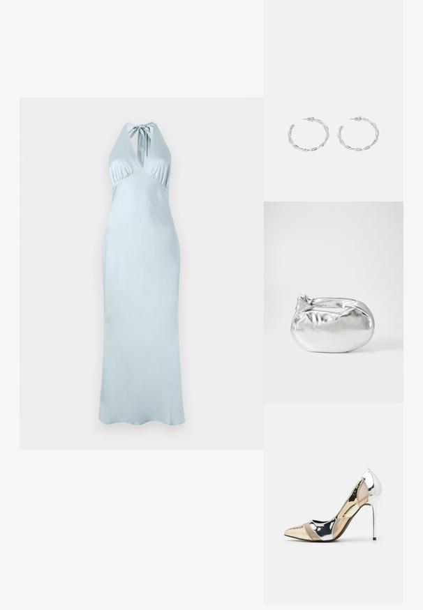 Gaiši zila halterneck kleita ar pieguļošu krūšu daļu, plisētām detaļām un garu, plūstošu siluetu no gludas auduma. Nav redzamu rakstu vai akcentu.; Apspīlēta augstpapēžu kurpe ar zeltītu, sudrabi un neitrālu krāsu kombināciju. Spīguļojoša virsma ar izgriezuma dizainu, aprīkota ar stiletto papēdi.; Sudraba metāliska poga somiņa ar mīkstu, noapaļotu formu un mezgla augšējo aizdari. Izgatavota no gludas mākslīgās ādas materiāla.; Sudraba gredzenveida auskari ar savītu dizainu, kas ir ar pulētu apdari un ar aizmugurēju fiksāciju. Izmērs ir aptuveni 3 cm diametrā.
