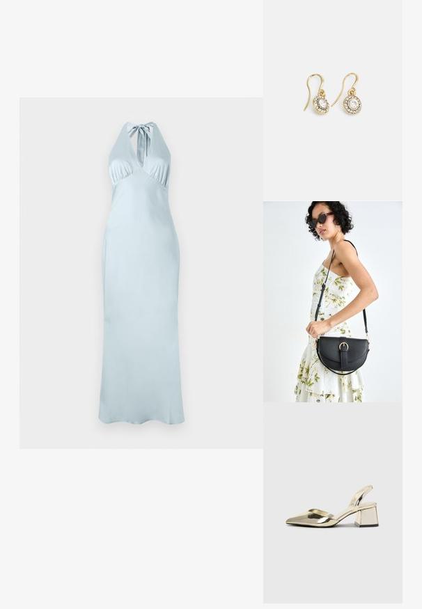 Svijetloplava halter haljina s prilagođenim korzetom, nabranim detaljima i dugim, lepršavim siluetom od glatkog materijala. Nema vidljivih uzoraka ili akcenta.; Zlatni metalik slingback sandali s šiljatim vrhom i debelim potpeticama. Glatka tekstura, minimalistički dizajn i uski remen.; Crna kožna torba s lukovitim oblikom, odvojivim remenom i zlatnim detaljima. Torba ima preklop s kopčom.; Zlatne naušnice s ovalnim prozirnim kristalima okruženim manjim prozirnim kamenčićima, s dizajnom na kuku za sigurno nošenje.