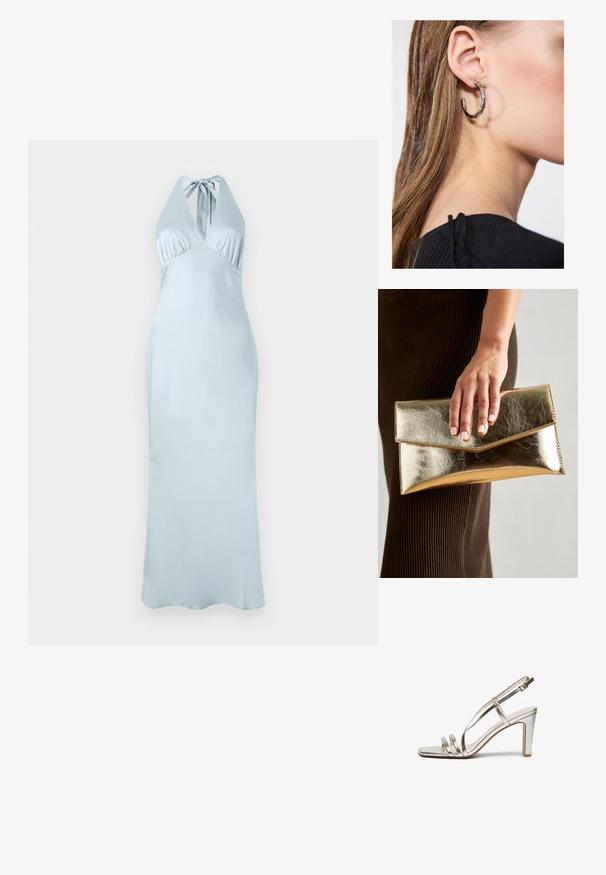 Világoskék, nyakba akasztós ruha, testéhez simuló felső résszel, pliszé részletekkel és hosszú, folyóssága, sima anyagból készült. Nincsenek látható minták vagy díszítések.; Fémes ezüst színű magassarkú szandál nyitott orral, három vékony pánttal a lábfejen és egy csatfüles bokapánttal.; Arany fémes clutch táska sima textúrával, háromszög alakú csattal. A kéz, amely tartja, szépen manikűrözött körmökkel rendelkezik.; Ez egy ezüst fülbevaló, sima felülettel, amelyen apró arany díszítőelemek találhatók. Kerek formájú és a fülcimpán viselik.