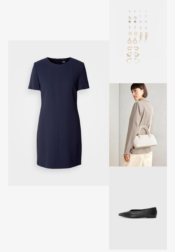 Šaty s krátkým rukávem v námořnické barvě vyrobené z hladké tkaniny, s kulatým výstřihem a zadním zipem, s jednoduchým, upraveným střihem.; Černé kožené baleríny, špičatá špička, minimalistický design, hladký povrch, nízký podpatek, žádné viditelné kovové prvky nebo ozdoby.; Bílá strukturovaná kabelka s krátkými uchy a ramenním popruhem, zdobená zlatými kovovými prvky a texturovaným materiálem, vystavená na šedém pozadí.; Sada náušnic ve zlatém tónu s různými designy, včetně pecek, kruhů a visacích kousků s perlami a rhinestony.