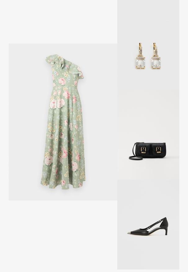 Φλοράλ μέγιστο φόρεμα σε ανοιχτό πράσινο ύφασμα, με σχεδίαση ενός ώμου, ρυχτό λαιμό και πολύχρωμα λουλούδινα μοτίβα σε όλη την επιφάνεια.; Μαύρο δερμάτινο παπούτσι με μικρό τακούνι, μυτερή ασημένια μύτη και διπλούς ιμάντες με πόρπες σε λευκό φόντο.; Μαύρη δερμάτινη τσάντα ώμου με δύο μπροστινές τσέπες, χρυσά κούμπωματα, κλείσιμο με φερμουάρ και λεπτό λουρί. Υφή επιφάνειας και κομψό ορθογώνιο σχήμα.; Χρυσά σκουλαρίκια με ορθογώνιο, καθαρό κρύσταλλο που κρέμεται κάτω από μια σειρά μικρών, στρογγυλών, καθαρών λεπτομερειών. Λεπτός, σύγχρονος σχεδιασμός.