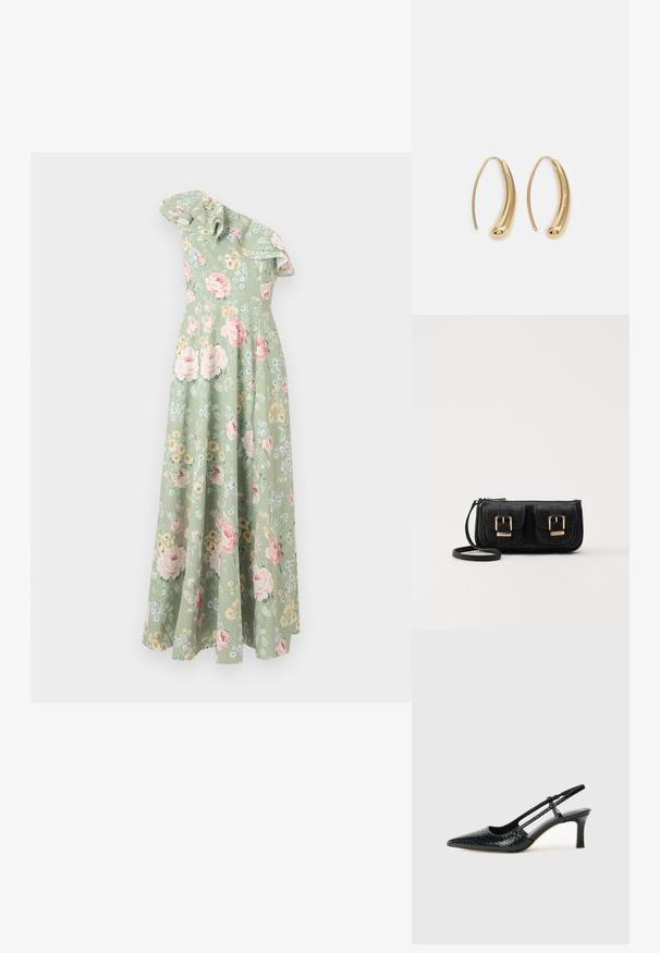Virágmintás maxiruha világoszöld anyagból, egy vállra szabott kivitelben, fodros nyakkivágással és színes virágmintákkal az egész anyagon.; Fekete lakk slingback sarok, hegyes orral, texturált kígyómintával, állítható pánttal és rövid, texturált tömbsarkal.; Fekete bőr keresztbody táska két elülső zsebbel, arany csattokkal, cipzáras záródással és vékony pánttal. Textúrált felület és kompakt téglalap alak.; Aranyszínű fémből készült karika fülbevalók ívelt, hosszúkás formával. Simaságával és fényes felületével, valamint lekerekített végével további részletekkel bővül.