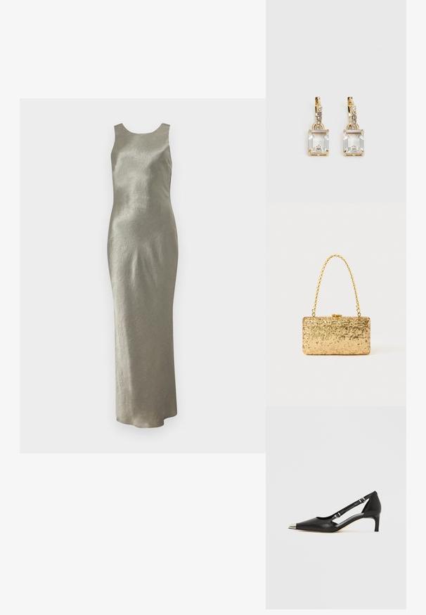 Long, sleeveless dress in light olive green, made from textured fabric with a simple silhouette and round neckline. No visible embellishments.; Black leather kitten heel with pointed silver toe cap and dual buckle straps on a white background.; Gold sequin clutch with a rectangular shape, featuring a twisted chain handle and a metal clasp closure, reflecting light with a textured finish.; Gold-tone earrings featuring a rectangular, clear crystal dangling below a row of small, round clear accents. Sleek, modern design.