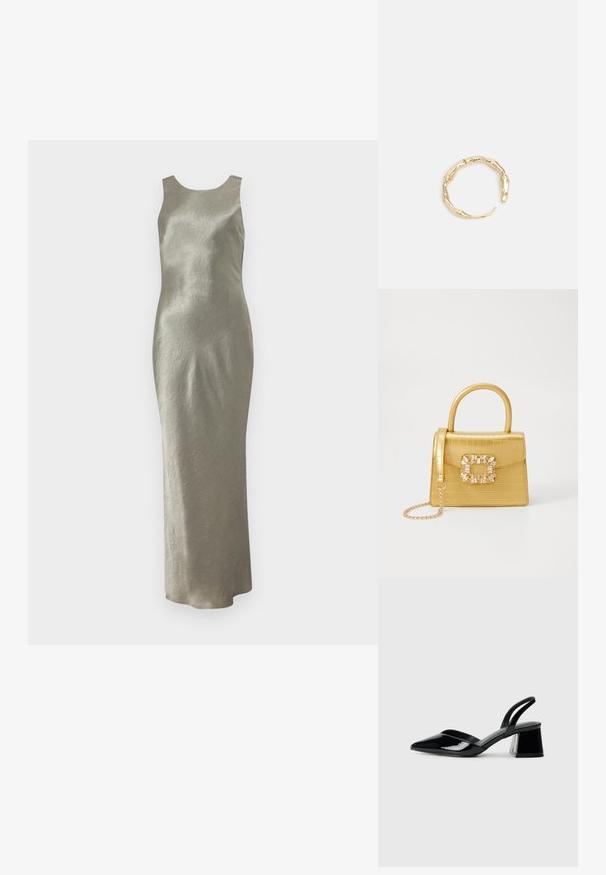 Vestido largo sin mangas en un ligero tono verde oliva, hecho de una tela texturada con una silueta simple y un escote redondo. Sin adornos visibles.; Zapatos de tacón slingback de charol negro con punta afilada y tacón geométrico en bloque. Presentan un diseño elegante y minimalista, así como una textura suave.; Bolso de mano de imitación cocodrilo amarillo con un diseño estructurado, asa superior, correa de cadena desmontable y embellecimiento de cristal decorativo en el cierre.; Anillo en tono dorado con un diseño orgánico y retorcido, con una textura suave y extremos cónicos, creando una apariencia moderna y escultórica.
