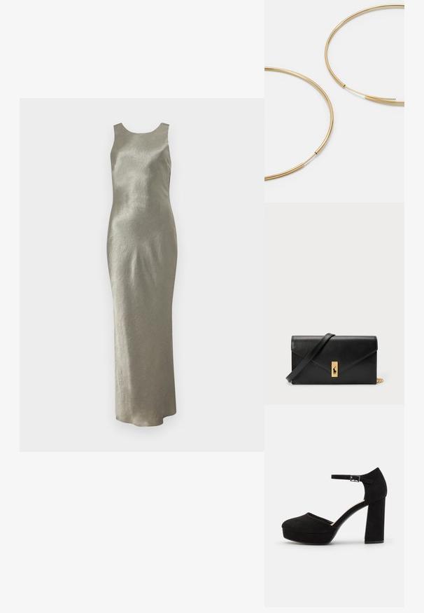Dlhé šatové šaty bez rukávov v svetlej olivovej farbe, vyrobené z textúrovaného materiálu s jednoduchým strihom a okrúhlym výstrihom. Žiadne viditeľné ozdoby.; Čierne semišové platformové opätky s hrubým blokovým opätkom, zaoblenou špičkou a remienkom okolo členka zabezpečeným kovovou prackou. Hladký povrch po celom obvode.; Zlaté kruhové náušnice, tenké a okrúhleho tvaru, s hladkým kovovým povrchom a bez ozdôb alebo vzorov.; Čierna kožená peňaženka s preklápacou klopou, zlatými kovovými detailmi a logom. Obsahuje odnímateľný popruh na nosenie.