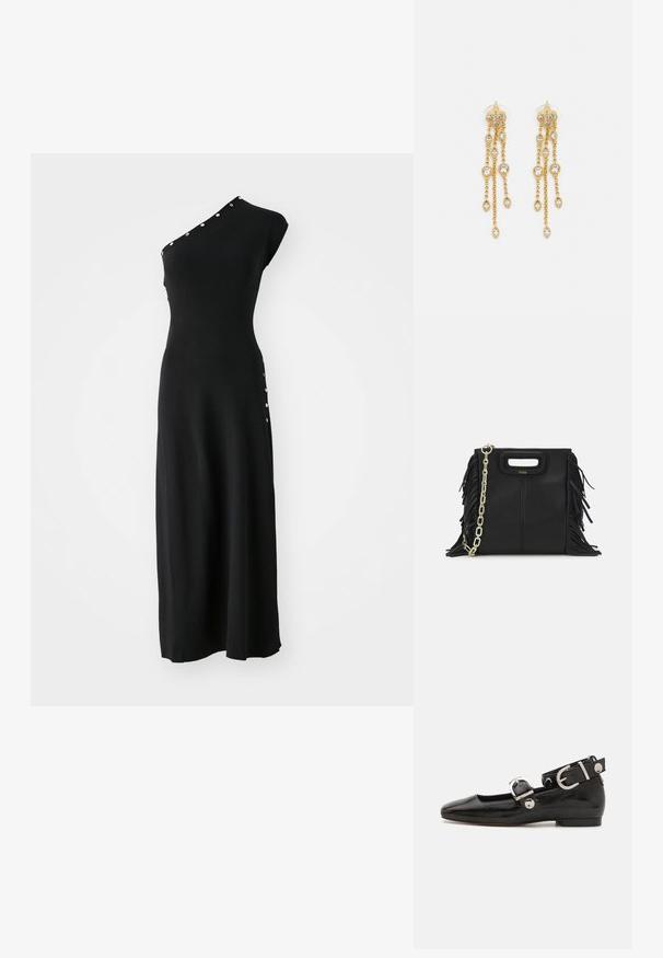 Svart, enaxlad klänning tillverkad av ribbad tyg, har en figurnära silhuett och dekorativa knappar längs sidan för visuell kontrast.; Svart lacklädersplattork med fyrkantig tå, ankelrem med silverfärgad detalj och platt sula. Slät yta med minimalistisk design.; Svart läderhandväska med fransdetaljer, guldkedja som axelrem och ett handtag med urtag. Har logotyp placering framtill.; Guldtonade örhängen med flera fallande kedjor, prydda med klara ovala rhinestone-accenter och dekorativa stuvar.