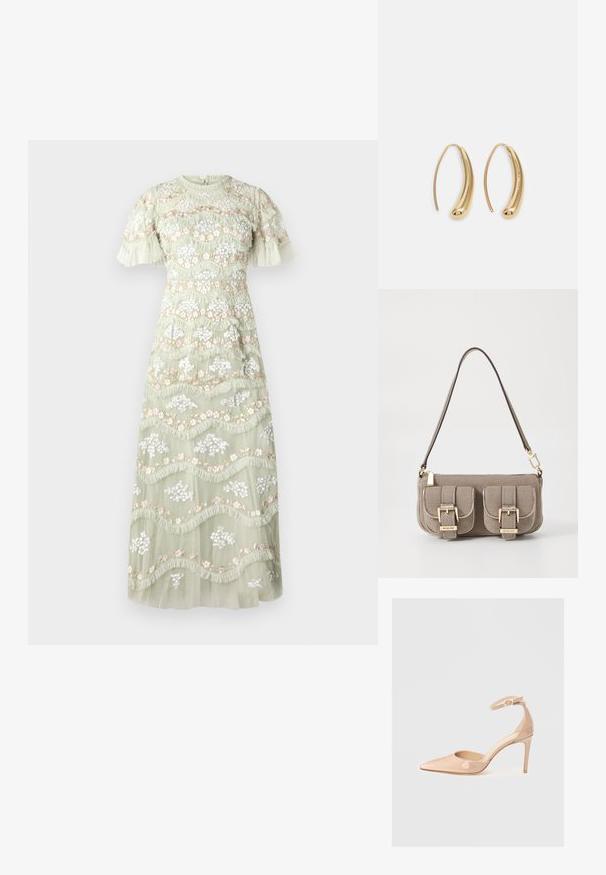 Maxikleid aus leicht grünem Stoff, mit floralen Stickereien in Weiß und Pink, Rüschendetails und kurzen Puffärmeln.; Nude Lackleder-Pumps mit spitzem Zehenbereich, einem Knöchelriemen und einem Stiletto-Absatz, die eine glatte Textur und ein minimalistisches Design aufweisen.; Beige strukturiertes Handtäschchen mit verstellbarem Tragegurt, zwei vorderen Taschen, die mit Schnallen gesichert sind, und goldenen Metallakzenten. Reißverschlussöffnung oben.; Goldfarbene Metall-Hoops mit einer geschwungenen, länglichen Form. Sie verfügen über eine glatte, glänzende Oberfläche und eine abgerundete Spitze für zusätzliche Details.