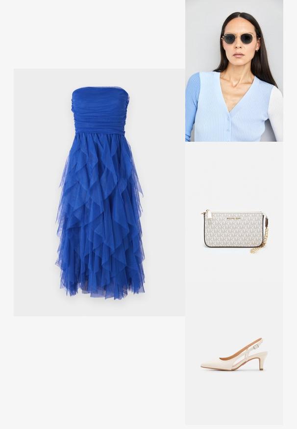 Vestito blu senza spalline con corpetto arricciato e gonna a strati in tulle a cascata. Il materiale è leggero e texturizzato, creando volume.; Slingback bianco con punta affusolata, materiale superiore liscio, tacco basso a blocco e design con ritagli laterali, dotato di cinturino regolabile con fibbia.; Occhiali da sole rotondi con lenti scure e montatura dorata. Il modello indossa un cardigan leggero azzurro a costine con bottoni e maniche bianche a contrasto.; Wristlet Michael Kors in tela rivestita beige con motivo a logo MK ripetuto, hardware dorato e tracolla a catena staccabile.