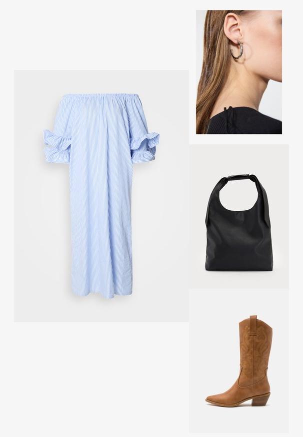 Abito off-the-shoulder in blu chiaro e bianco a righe verticali, con maniche corte a palloncino e design morbido di lunghezza intermedia.; Stivale cowboy in pelle marrone chiaro con punta affusolata, modelli ricamati a spirale sull'asta e tacco a blocco impilato. Presenta una linguetta per una facile calzata.; Borsa hobo in pelle nera con un manico unico, morbido e arrotondato; presenta una texture liscia e un design minimalista. Nessun hardware o accenti visibili.; Orecchino a cerchio in argento con finitura lucida, caratterizzato da piccoli dettagli in oro e una forma tondeggiante, indossato sul lobo.